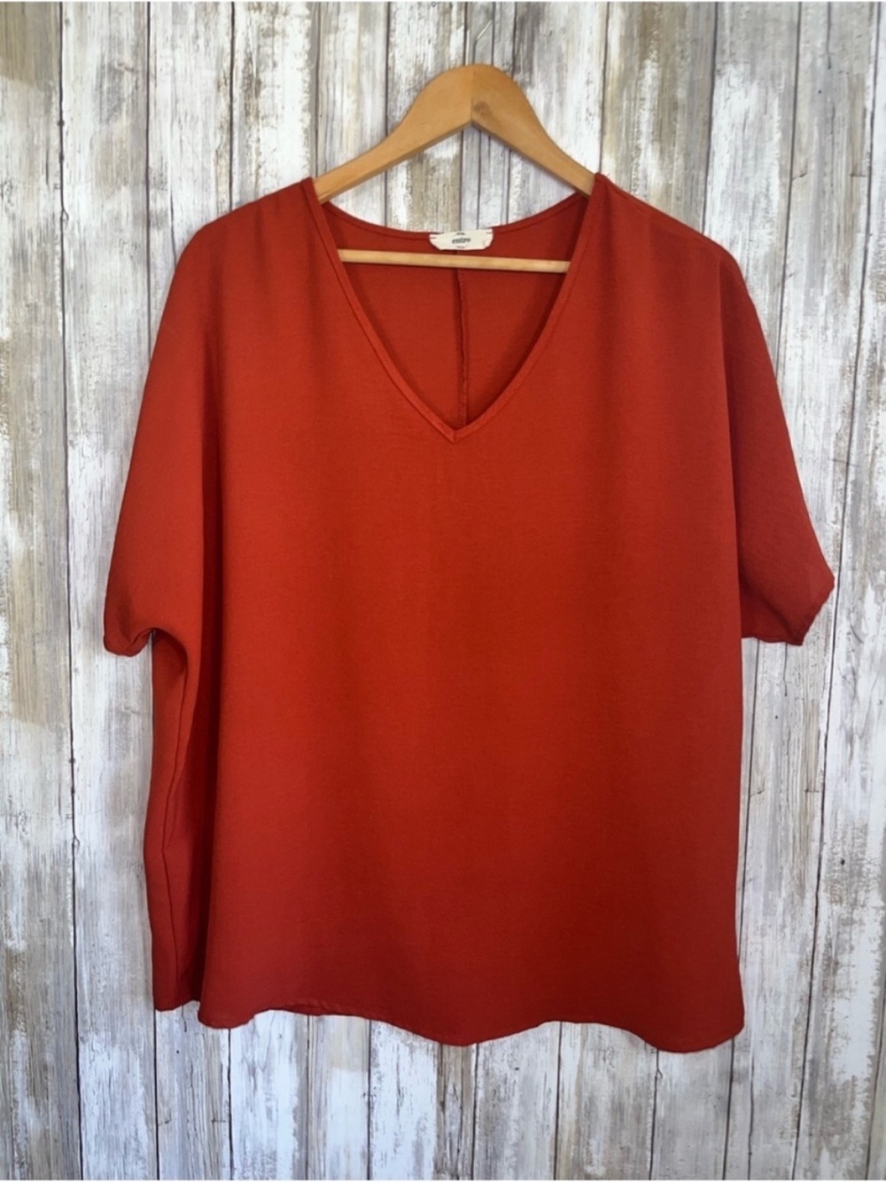 Entro Rust Orange Blouse L Oversized Flowy V Neck Short Sleeve Boho Top